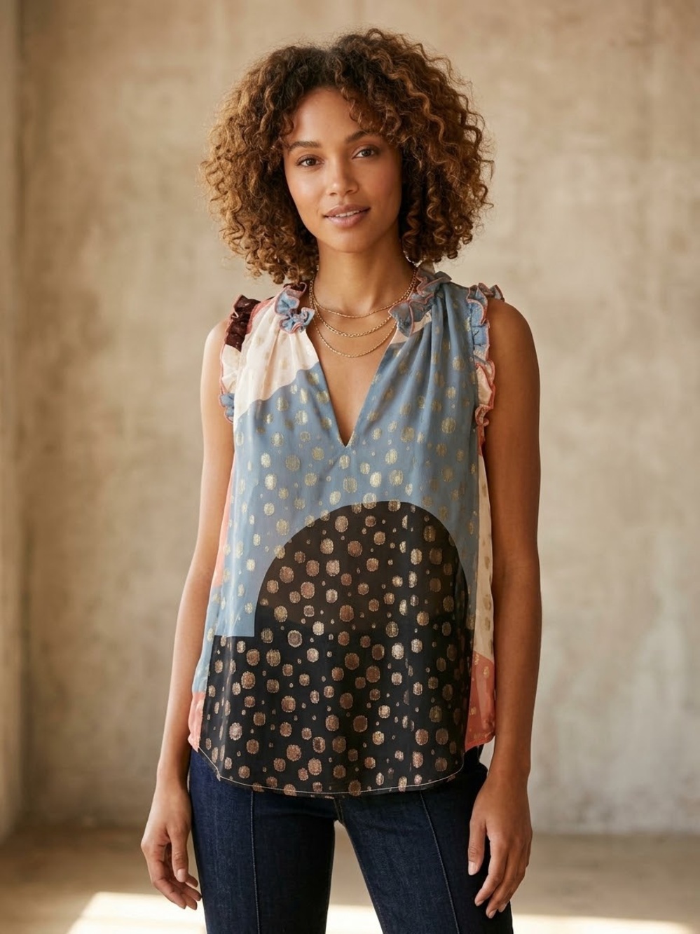MAEVE Anthropologie Multicolor Polka Dot V-Neck Sleeveless Top
